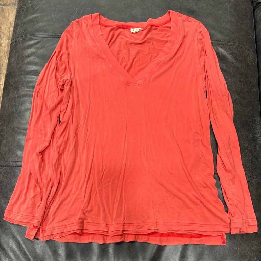 POL Orange Long Sleeve V-Neck Top